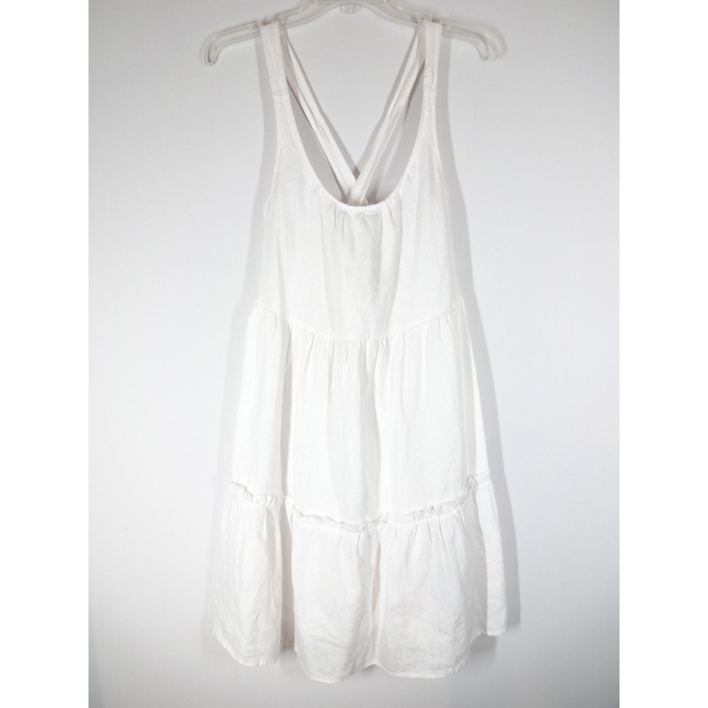 Saks Fifth Avenue Mini Dress Women Medium White Linen Tiered Crisscross Summer